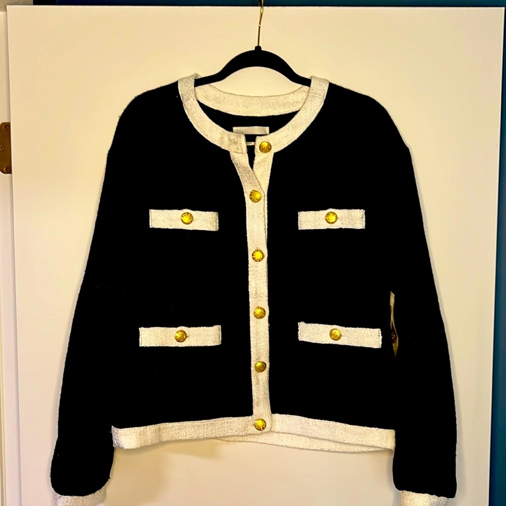 Anthropologie Black Jacket with White Trim and Gold Buttons